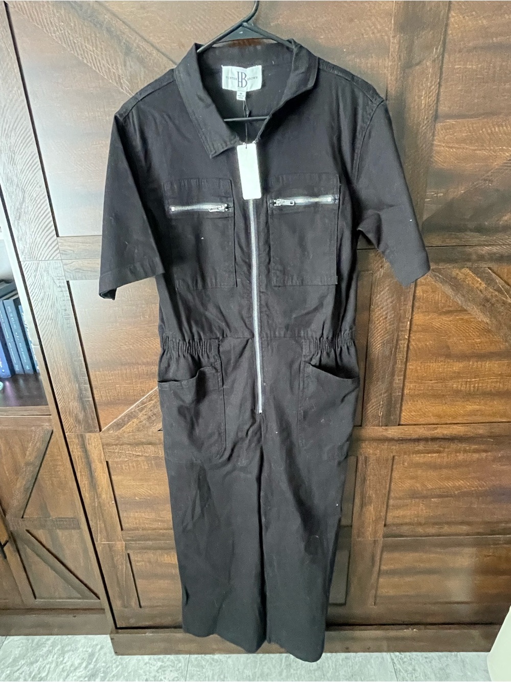 Black Short-Sleeve Zip-Front Utility Jumpsuit